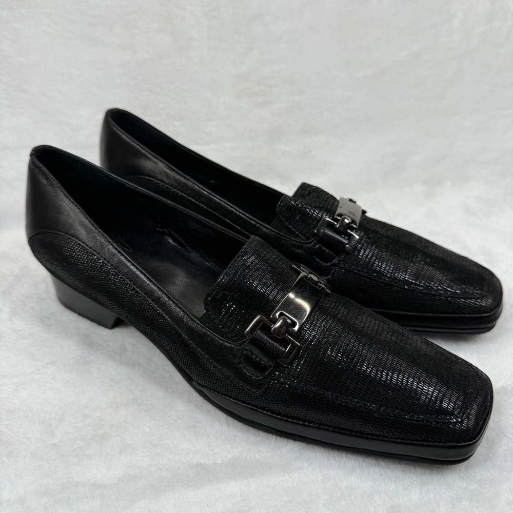 Amalfi by Rangoni Black Lizard Embossed Leather Bit Loafer Block Heel Shoe 10N